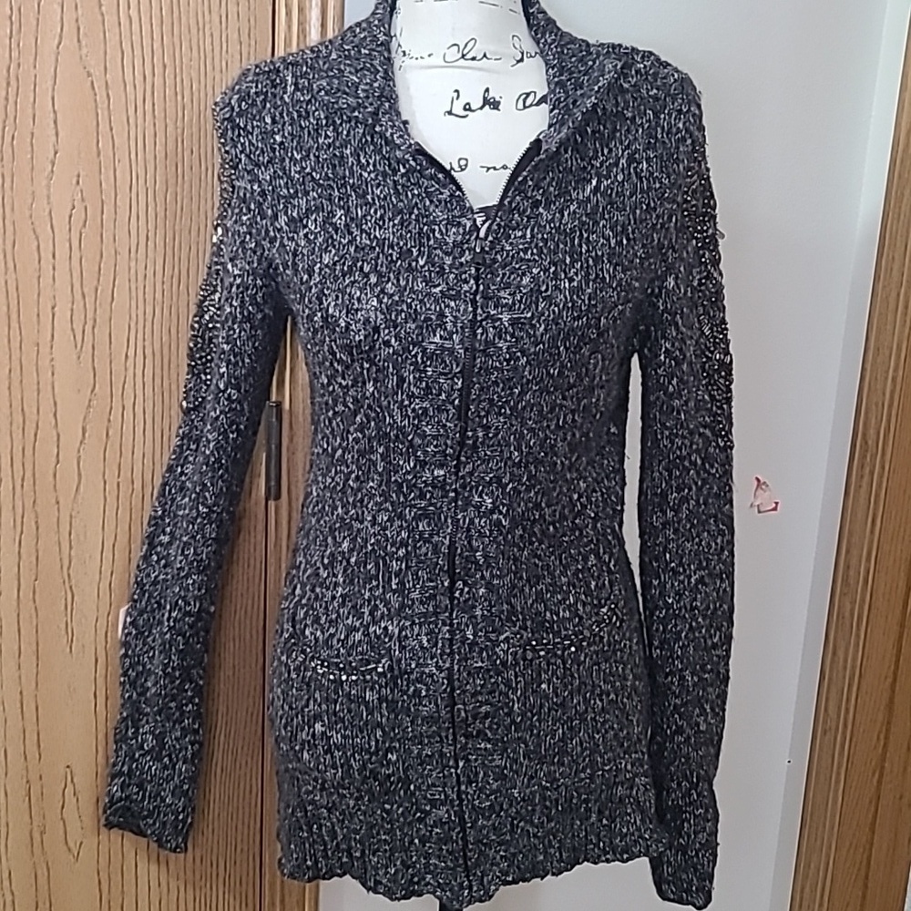 BKE Boutique zip up beaded pocket cardigan sweater
